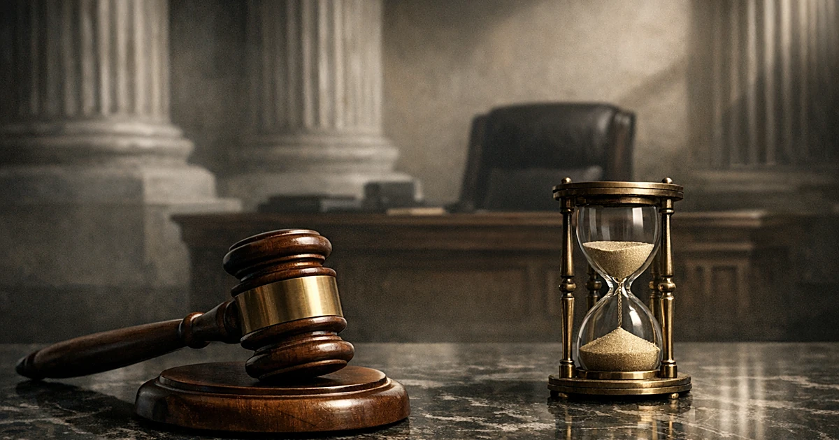 Gavel and empty hourglass on marble surface with vacant chair in shadowed classical interior