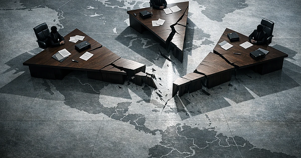 Conference table splitting into three sections drifting apart over map of North America with empty chairs and documents