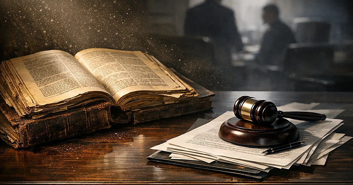 Vintage 1930s law book open on desk with gavel and modern documents, lit dramatically from the side