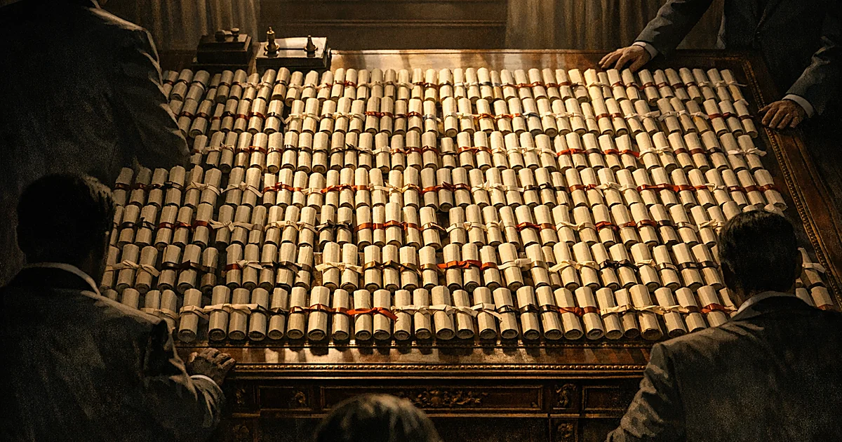 Aerial view of desk covered with hundreds of rolled pardon documents as silhouetted figures reach toward them