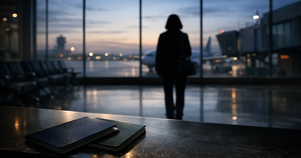 Silhouetted person in airport terminal facing windows, with two passports on counter in foreground