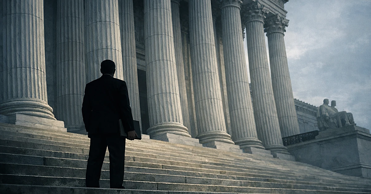 Silhouetted figure with documents stands before towering Supreme Court columns in dramatic low-angle view