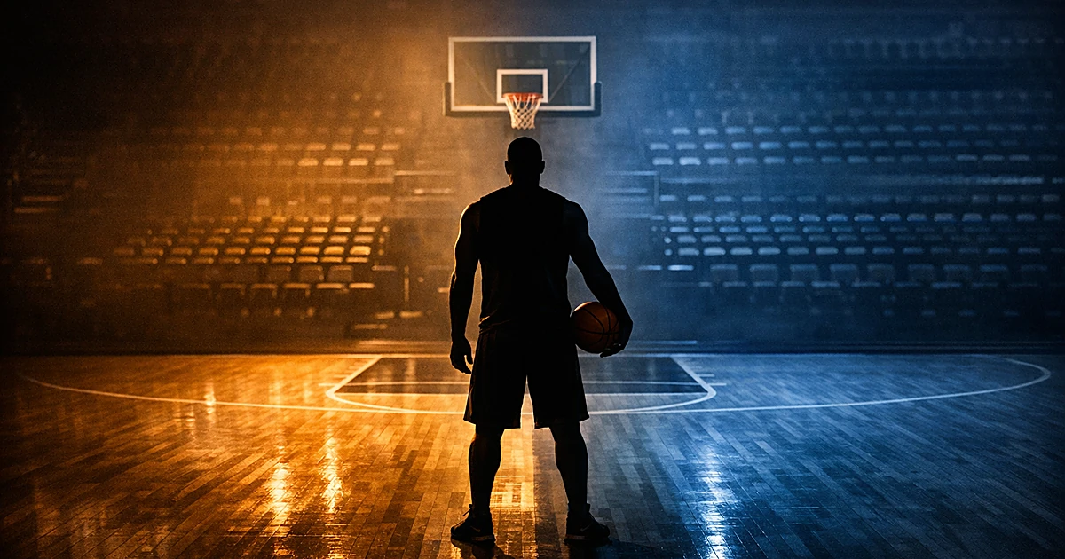 Silhouetted basketball player at center court with contrasting lighting creating a divided atmosphere