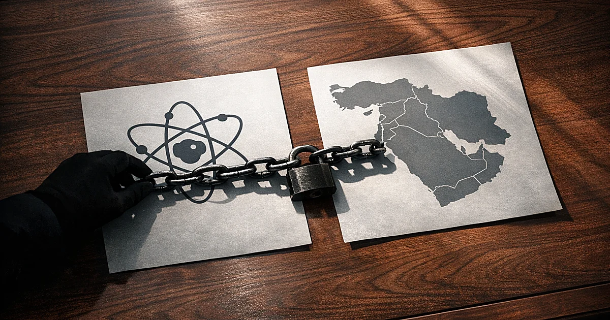 Two documents on table connected by chain, one with nuclear symbol, other with Middle East map, hand reaching in shadow