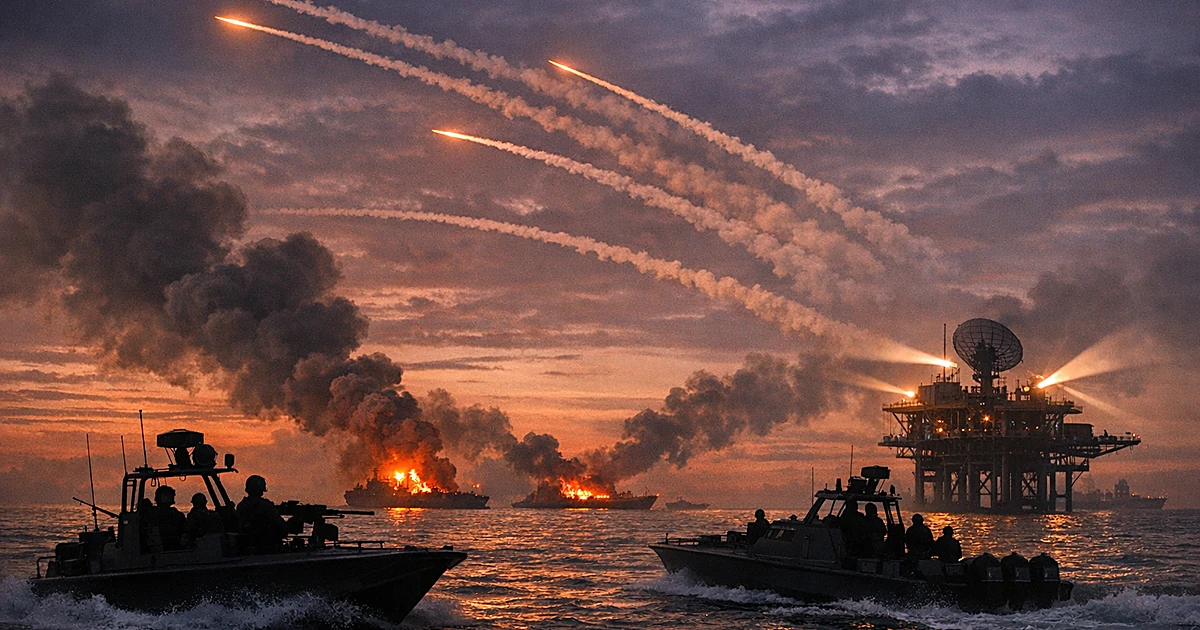 Military vessels in Gulf waters with missile contrails crossing darkening sky and smoke rising from distant targets