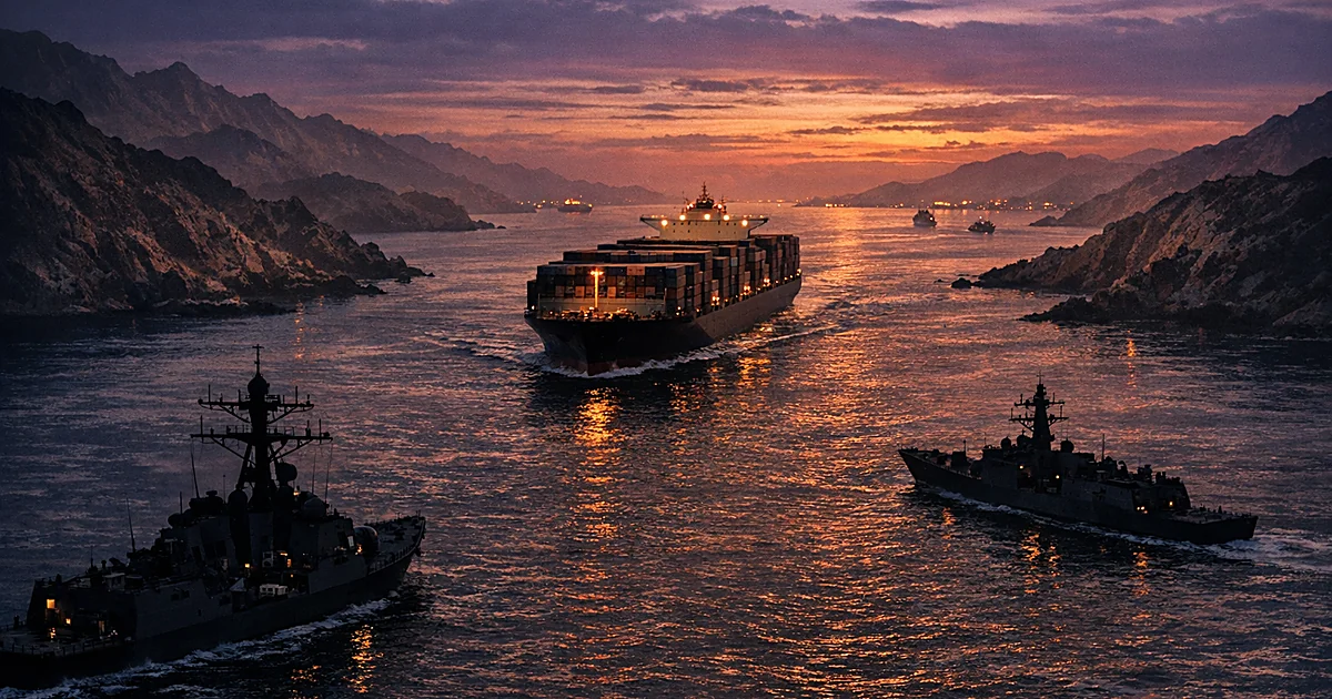 Aerial view of cargo ship passing through narrow strait with naval vessels patrolling in foreground at dusk