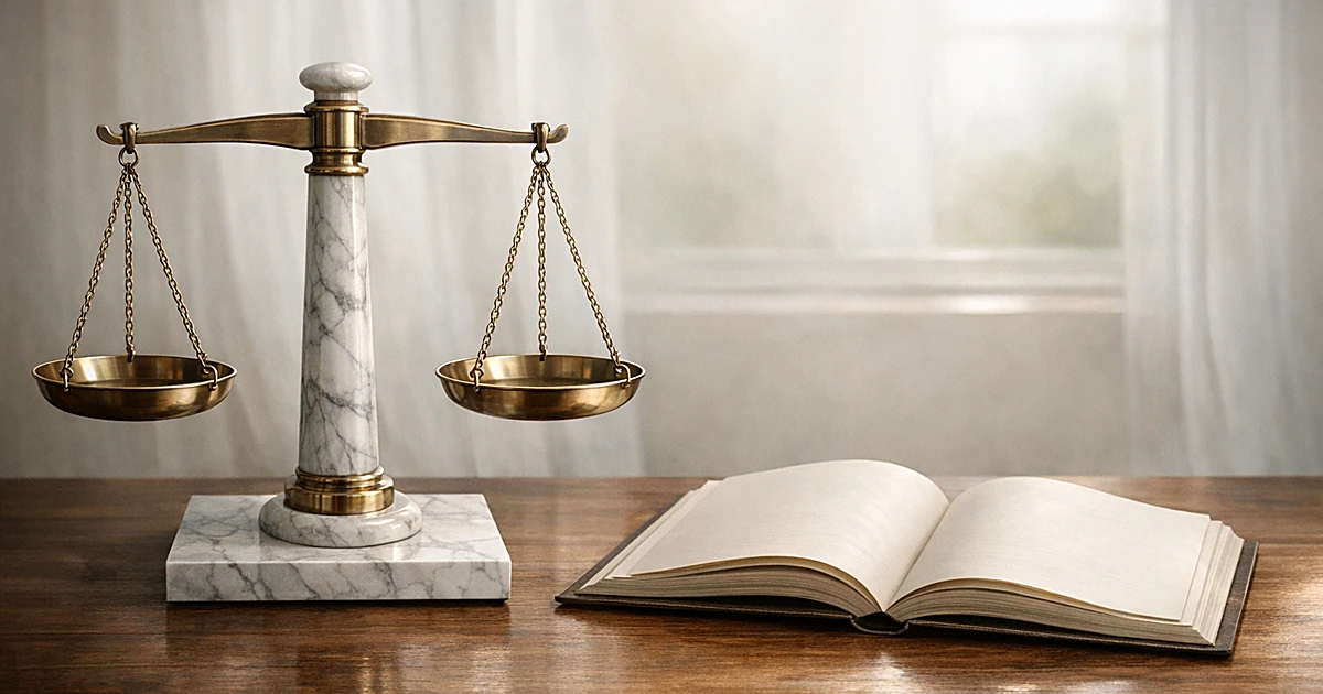 Marble balance scale and open book in soft natural lighting