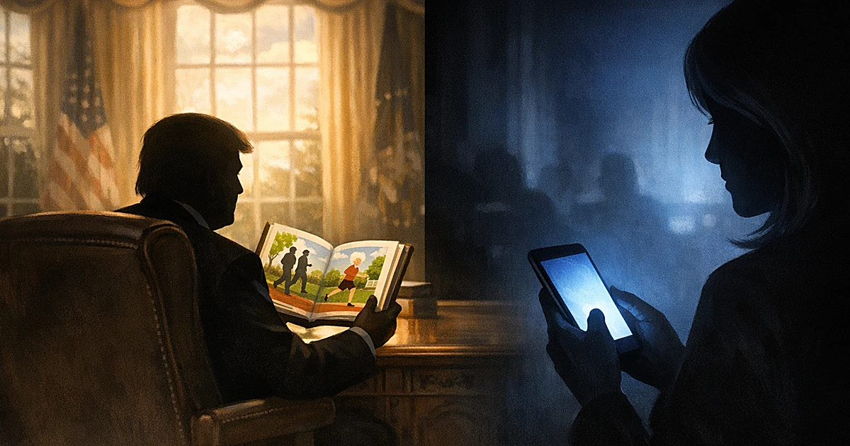 Split scene: silhouette reading children's book in oval office contrasted with glowing smartphone in darkness