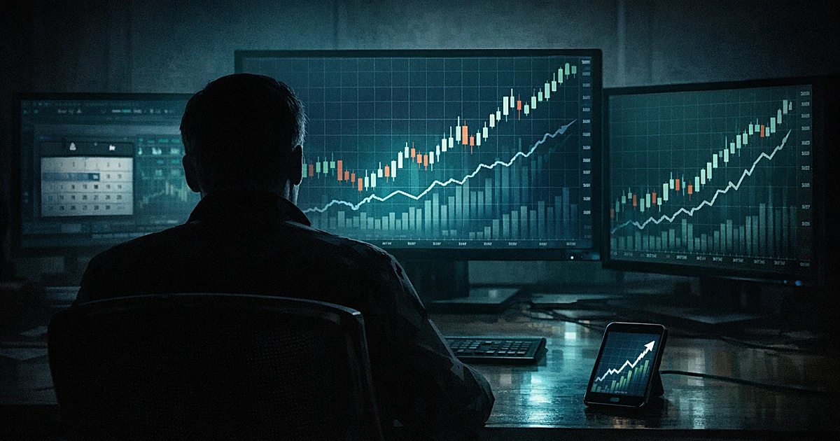 Silhouette at desk viewing multiple monitors with rising stock charts dated April 8, smartphone showing upward trend