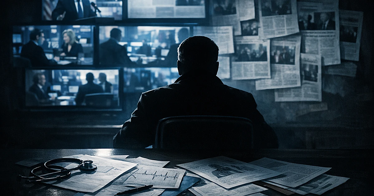 Silhouetted figure at desk facing illuminated screens with scattered newspapers and medical documents in dramatic lighting