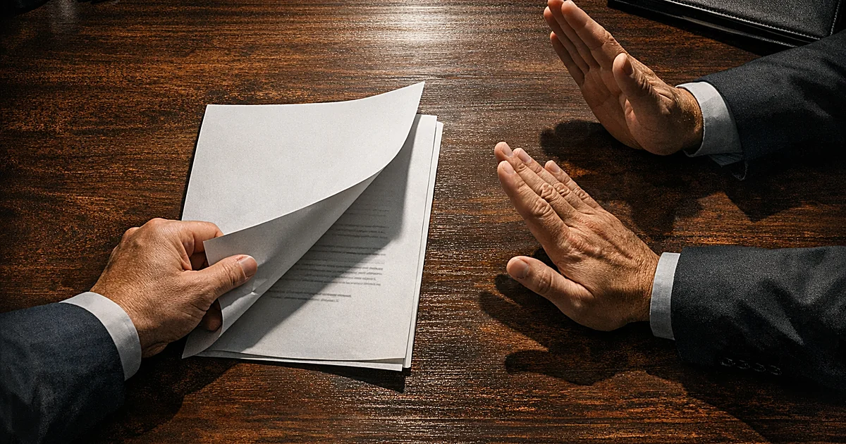 Hands pulling back a document while two other hands reach to block it on a wooden desk, symbolizing political standoff