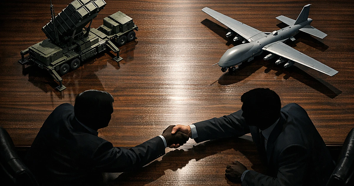 Overhead view of two figures shaking hands across table with Patriot missile system model and military drone between them
