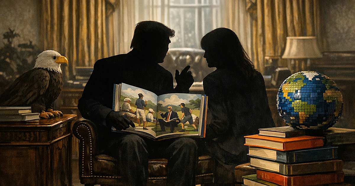 Silhouetted figures in ornate office with children's book, plush eagle, stacked book tables, and Lego globe