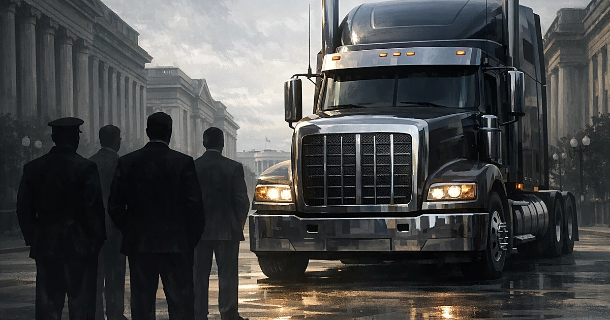 Commercial semi-truck parked on government avenue with silhouetted figures standing beside it viewed from behind