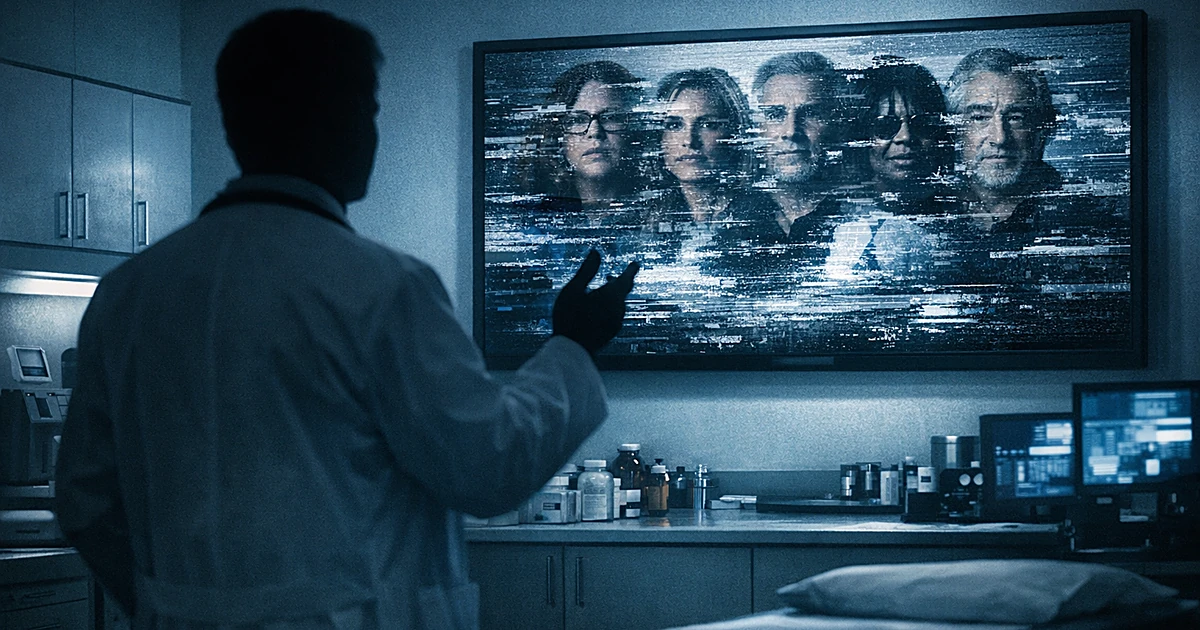 Silhouetted doctor figure in exam room with glitching digital screens showing AI-generated distorted imagery