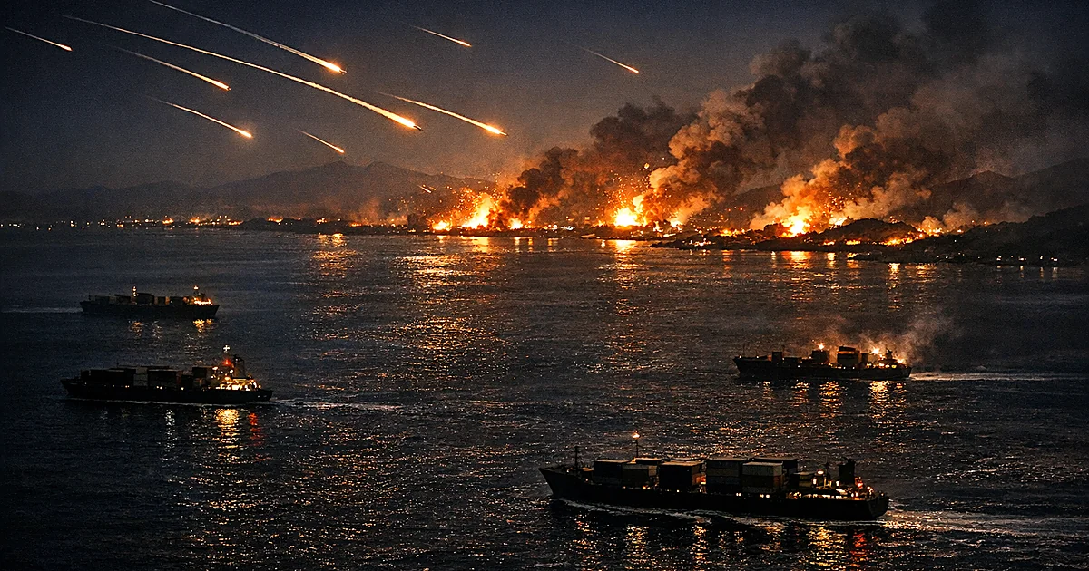 Nighttime military strikes illuminate coastal targets near commercial shipping vessels in strategic waterway