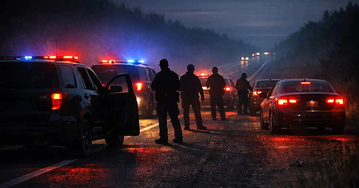 Silhouetted figures conduct roadside vehicle stops on a dark highway with emergency lights illuminating the scene