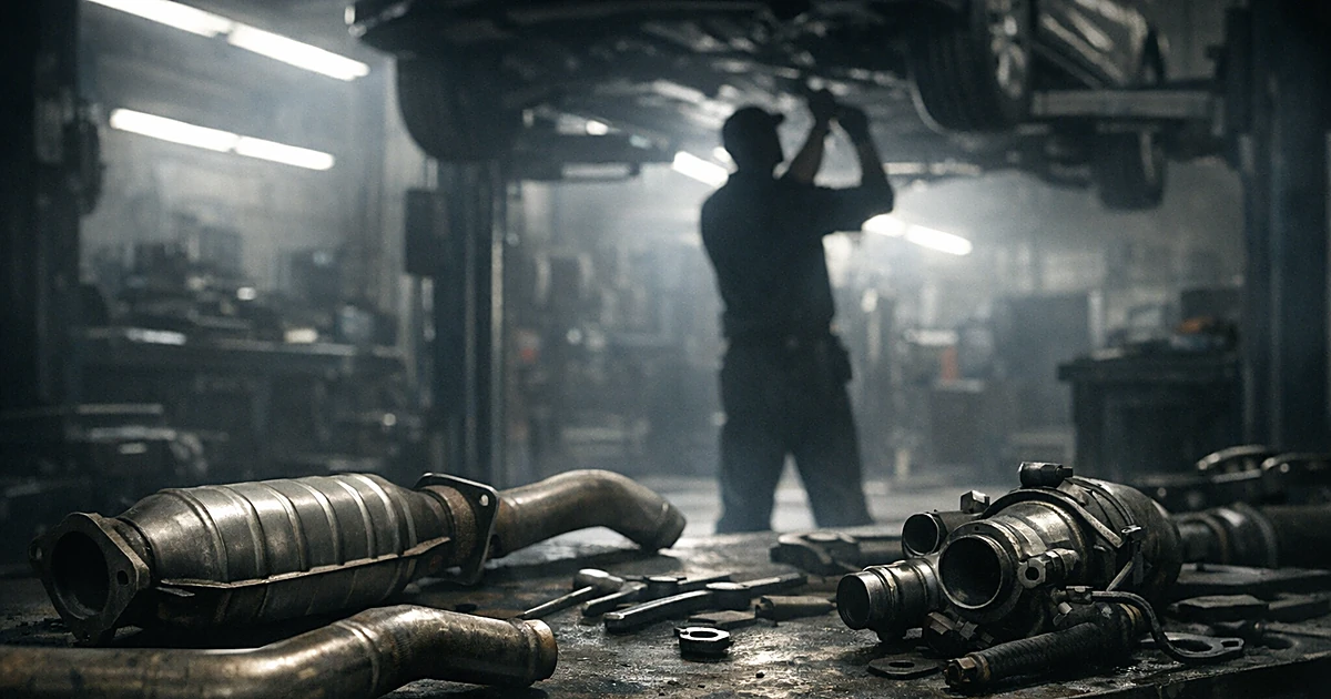 Silhouetted mechanic working under raised vehicle in auto shop with emission parts and tools on workbench