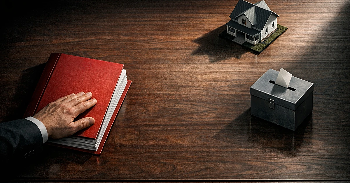 Overhead view of hand pushing away legislative document on desk, with model house and ballot box on opposite sides
