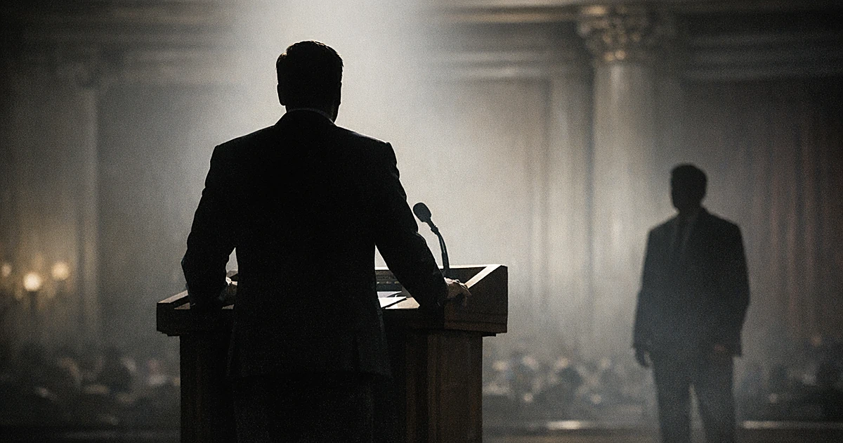 Two silhouetted figures in government chamber, one at podium in spotlight, another in background shadows