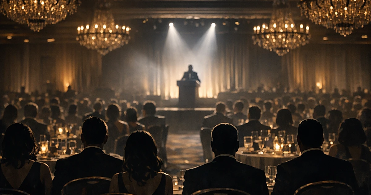 Silhouettes of formal dinner attendees facing an illuminated podium in an ornate ballroom with crystal chandeliers