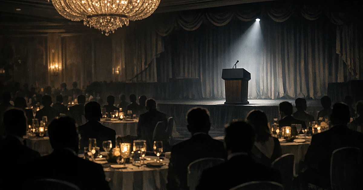 Empty podium illuminated on stage in formal ballroom with chandelier and silhouetted dinner guests seated at tables