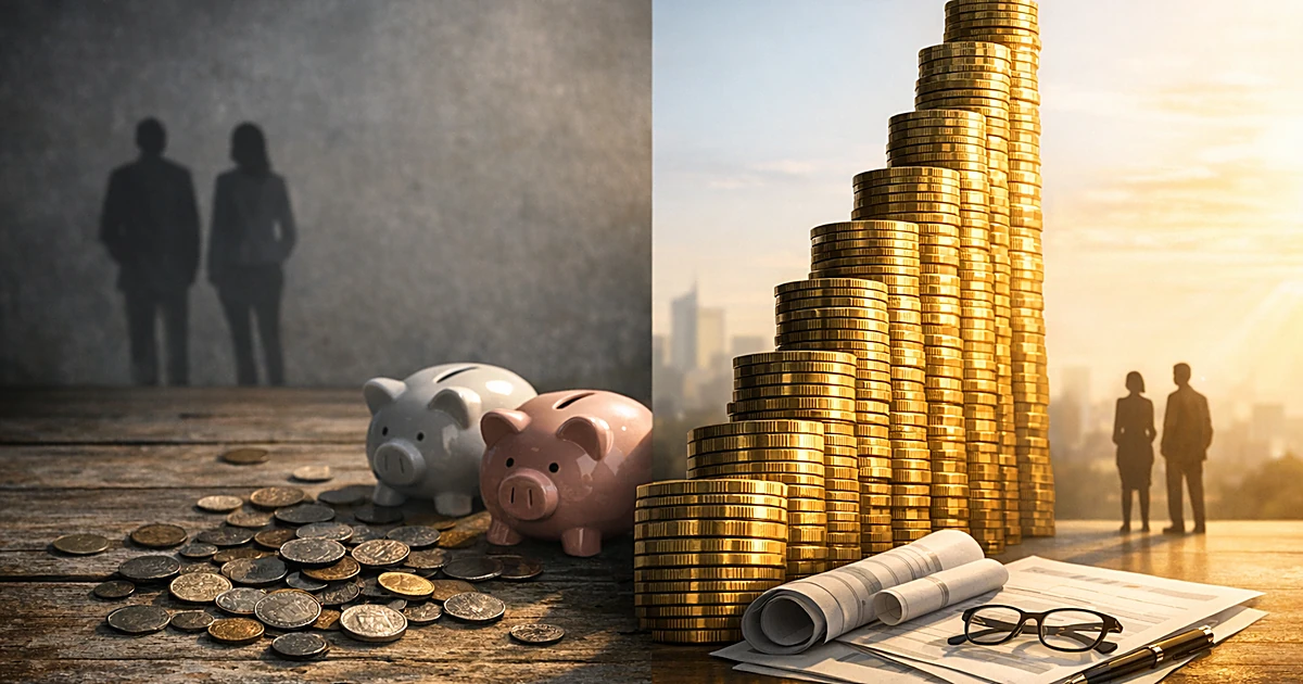 Split scene contrasting scattered coins and piggy banks with organized stacks of gold coins representing retirement systems
