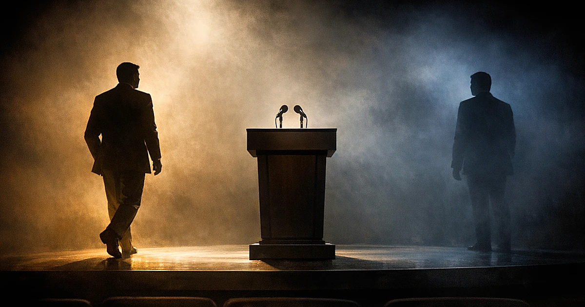 Two silhouetted figures beside a podium, one stepping into spotlight while the other remains in shadow