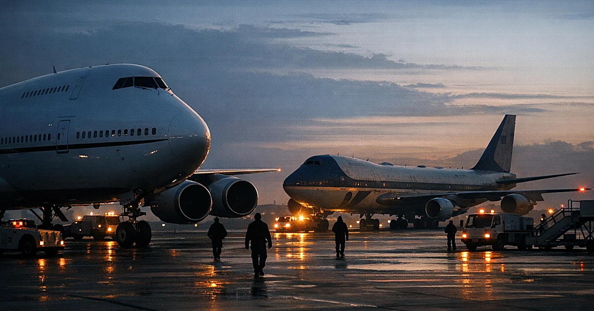 Two presidential aircraft on tarmac at dusk with silhouetted ground crew, one modern and one older plane