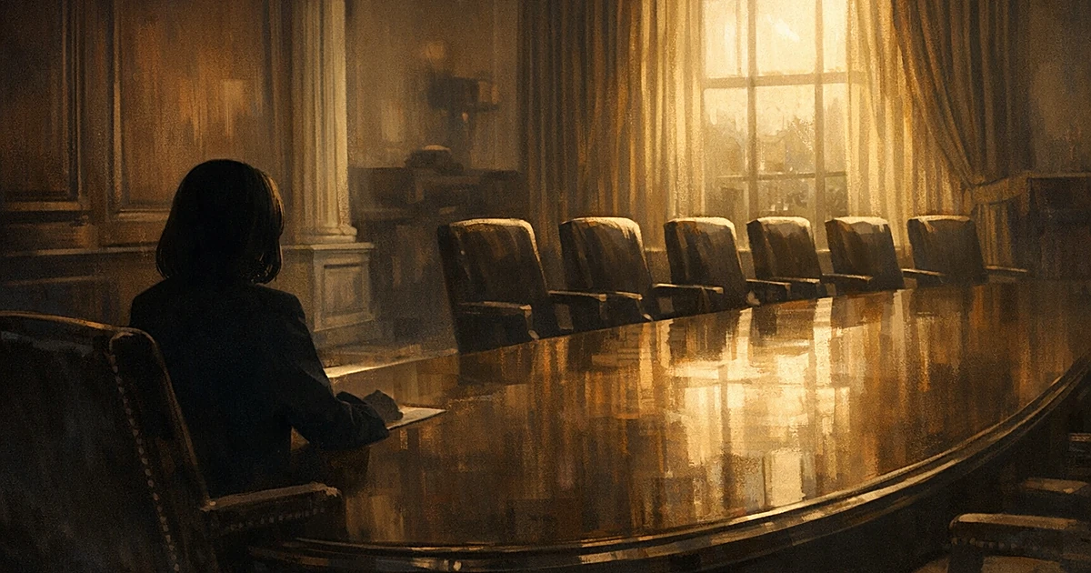 Silhouette of person at oval table in formal office with empty chairs, sunlight streaming through windows
