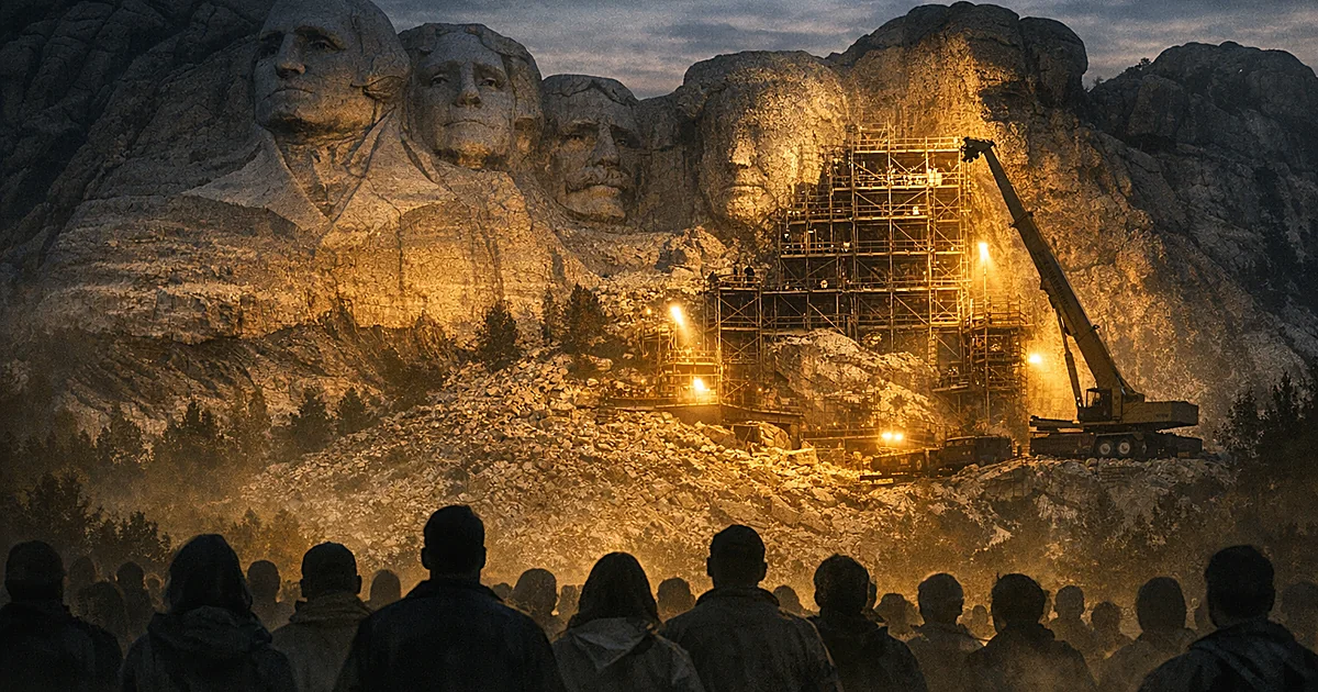Spotlit mountain monument with scaffolding and silhouetted crowd watching at dusk