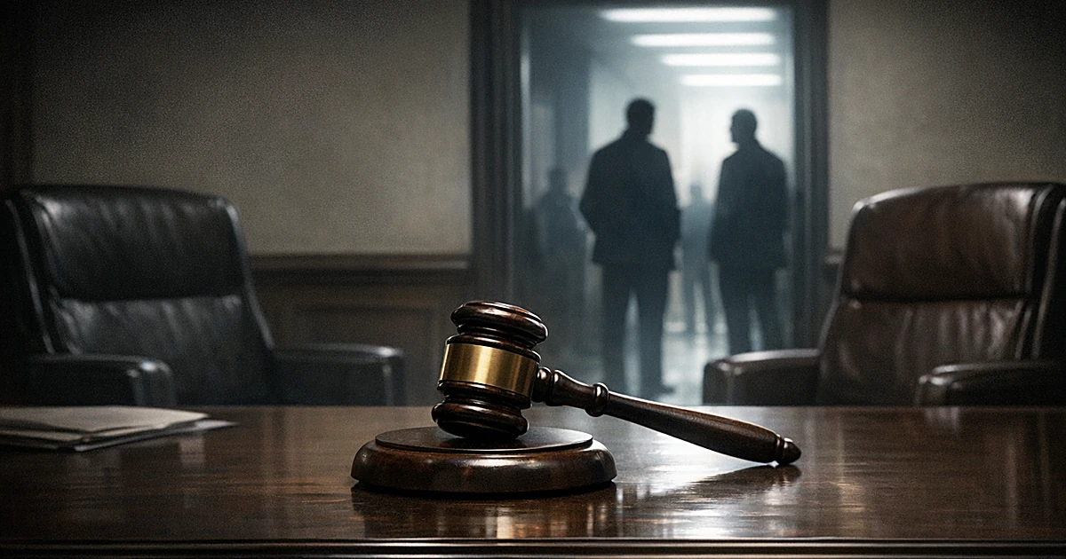 Empty chairs face each other across a desk with a gavel, silhouettes visible in distant doorway