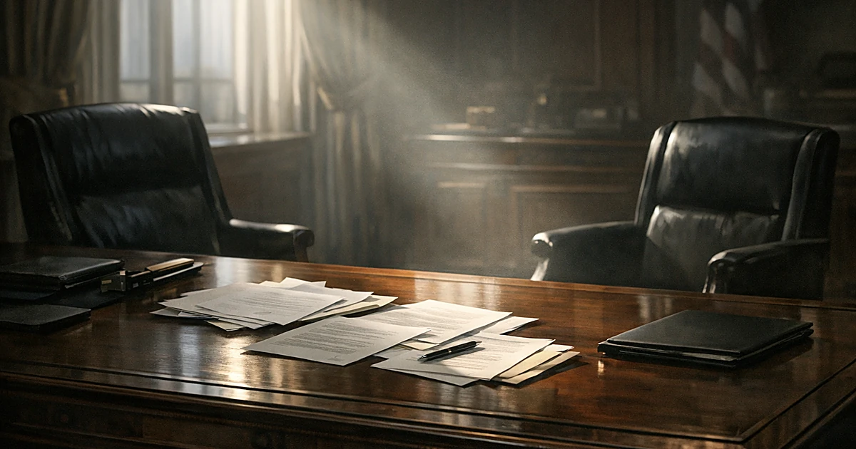Empty office chairs at desk with documents, symbolizing Senate appointment decision and political succession