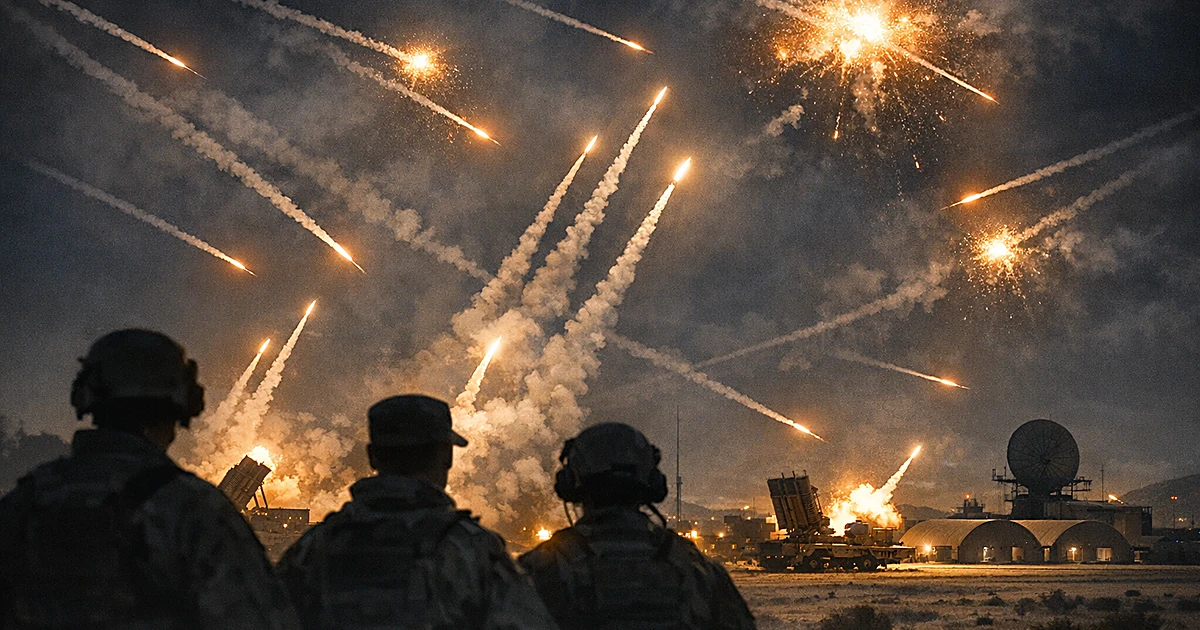 Night scene of missile defense systems intercepting incoming projectiles over a desert military base with bright trails