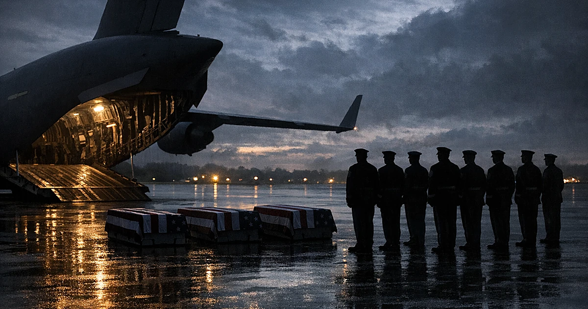 Military aircraft on tarmac at dusk with honor guard silhouettes standing beside draped transfer cases