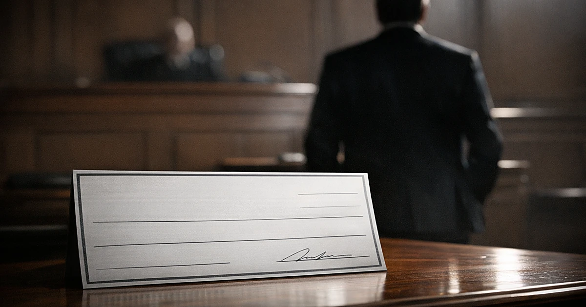 Large check for $5.6 million on courtroom table with silhouetted figure standing in federal court setting