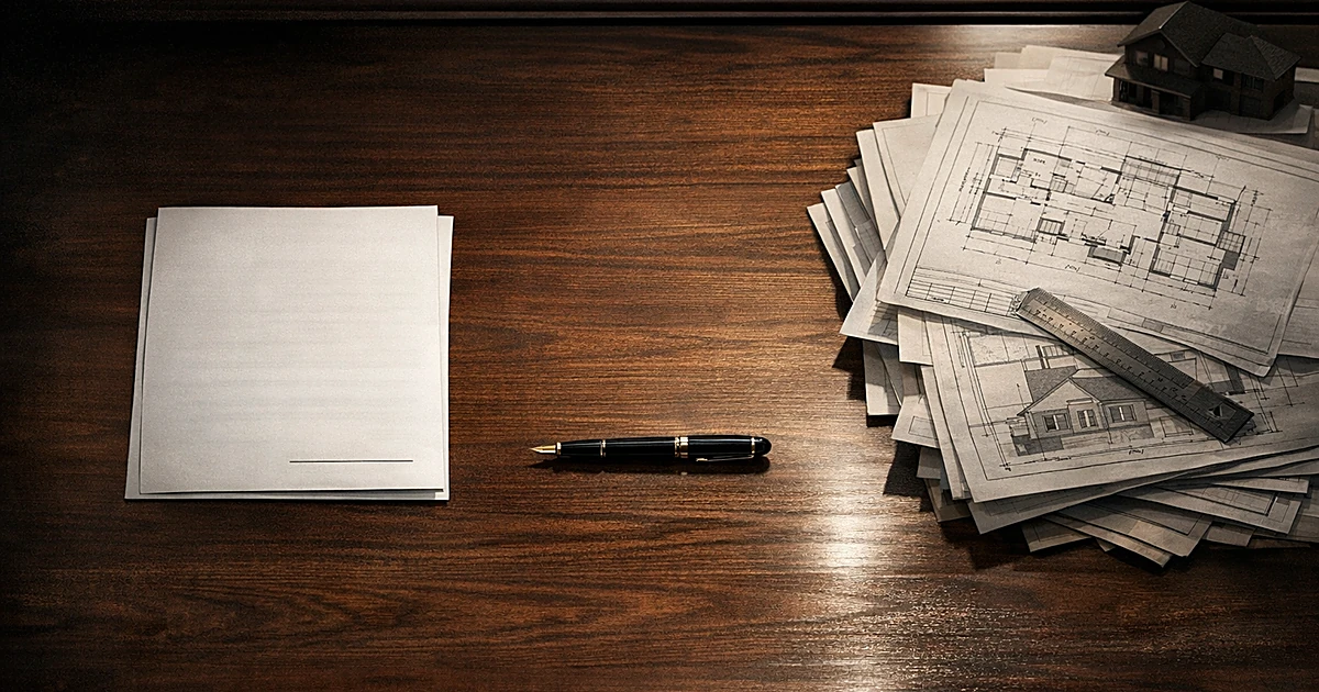Overhead view of desk with unsigned document separated from housing blueprints, fountain pen between them