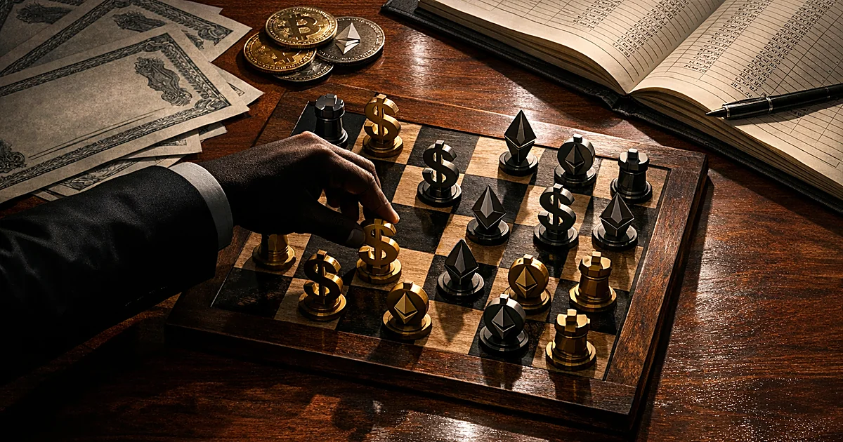 Overhead view of desk with cryptocurrency coins, stock certificates, and silhouetted hand moving financial chess pieces