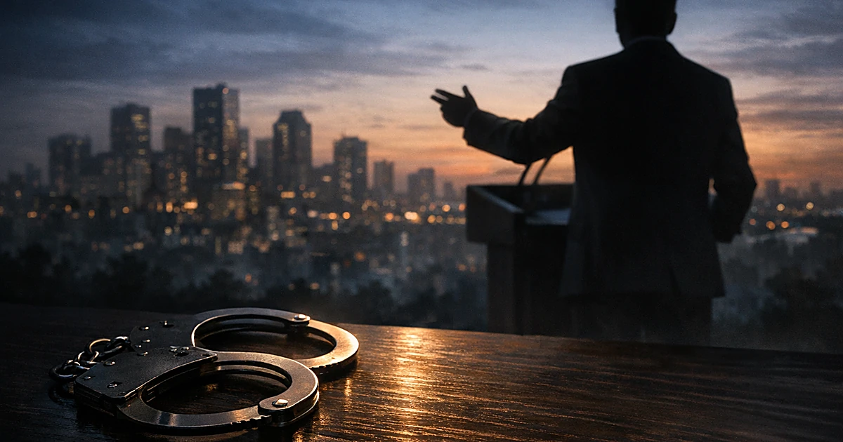 Silhouetted figure at podium gesturing toward city skyline with handcuffs in foreground under dramatic lighting