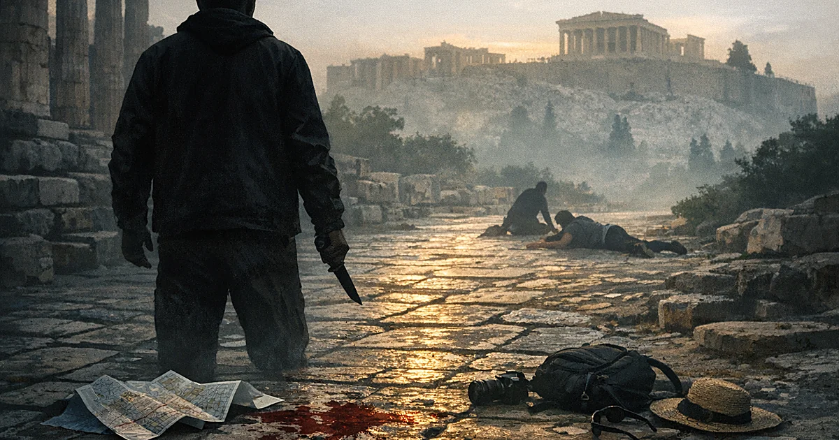Silhouetted figure on ancient stone walkway near classical ruins at dawn with scattered belongings on ground