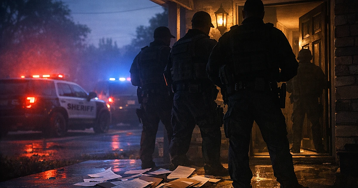 Silhouettes of officers at a residential home during early morning with emergency vehicle lights illuminating the scene