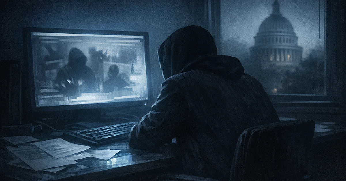 Silhouetted figure at computer in dark room with government building visible through window in background