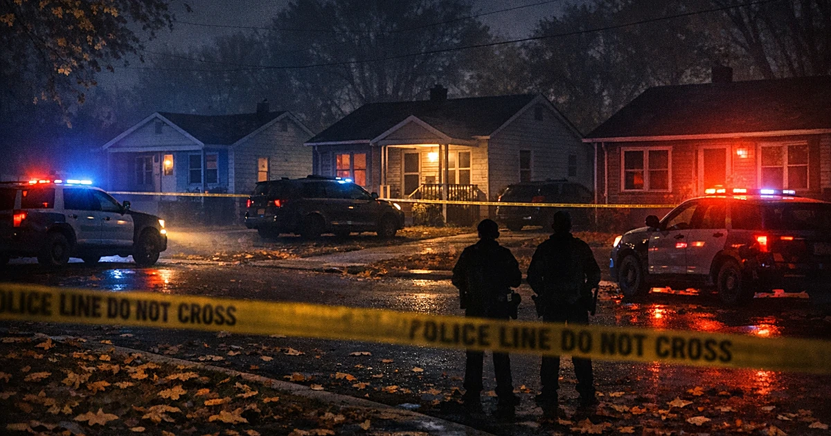 Three houses on a dark street with police lights and crime scene tape marking multiple locations of a family tragedy
