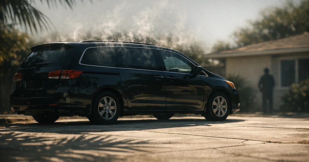Minivan parked in driveway under intense sunlight with visible heat waves rising from vehicle in residential setting