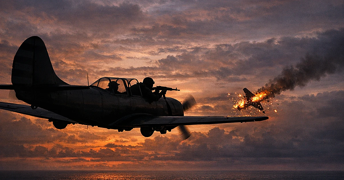 Silhouetted figure firing rifle from open cockpit of propeller plane at burning drone falling toward sea at dusk