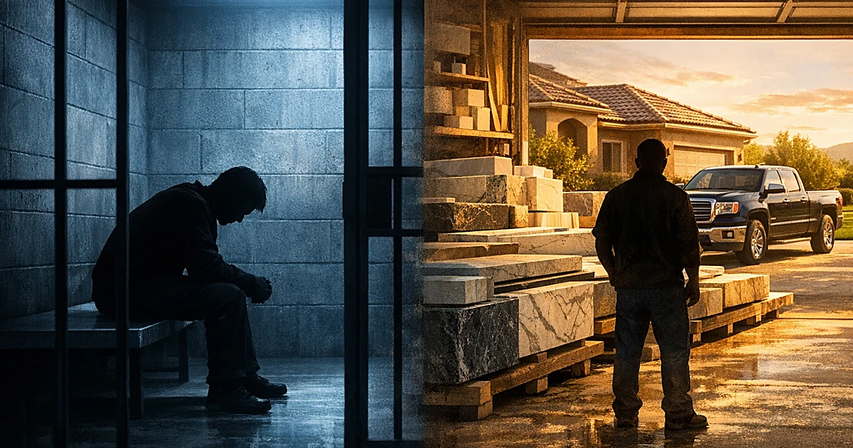 Split scene showing jail cell silhouette on left, prosperous masonry business with truck and suburban home on right