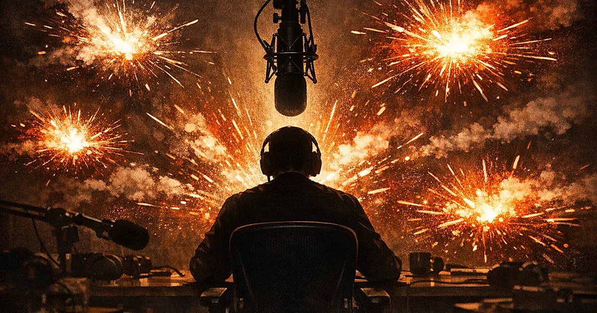 Silhouetted figure in studio with explosive light bursts radiating outward representing multiple controversial statements