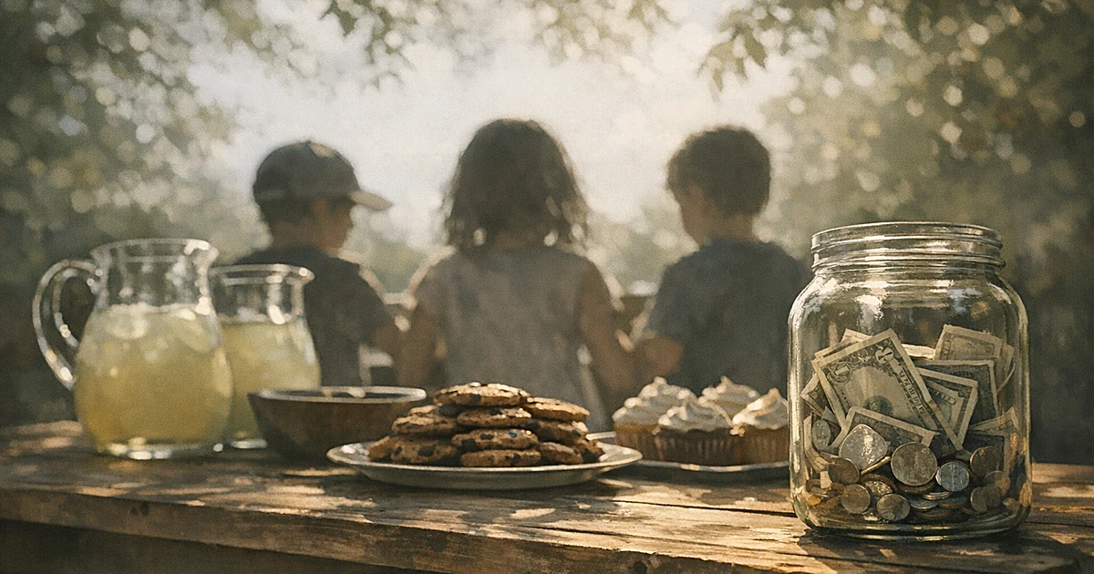 Backyard lemonade stand with pitchers, baked goods, and donation jar, children shown as silhouettes from behind