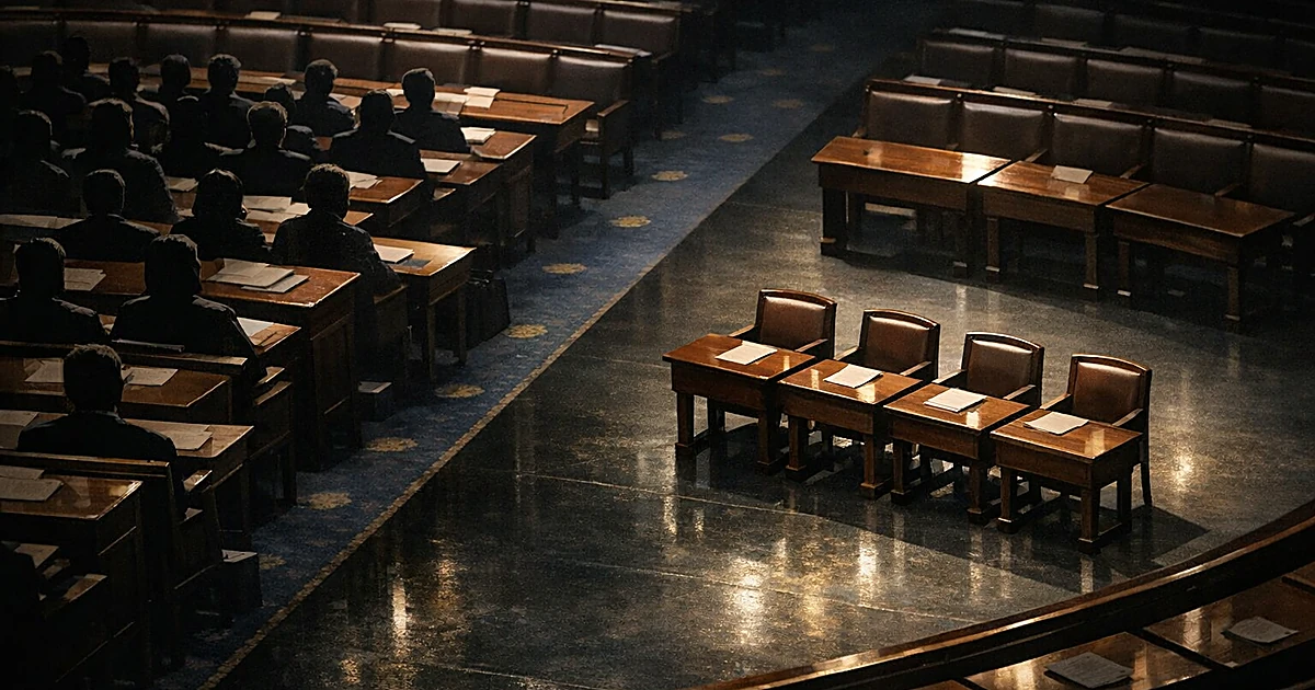 Legislative chamber with five seats separated from main group across aisle, showing political division