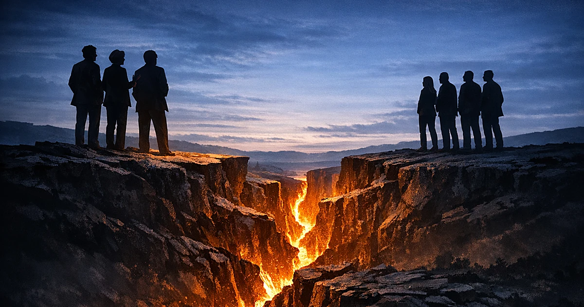 Silhouetted figures separated by a glowing crack in the ground, representing political division within a party